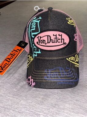 Von Dutch Black Trucker Cap with Pink Patch and Multicolor Logos